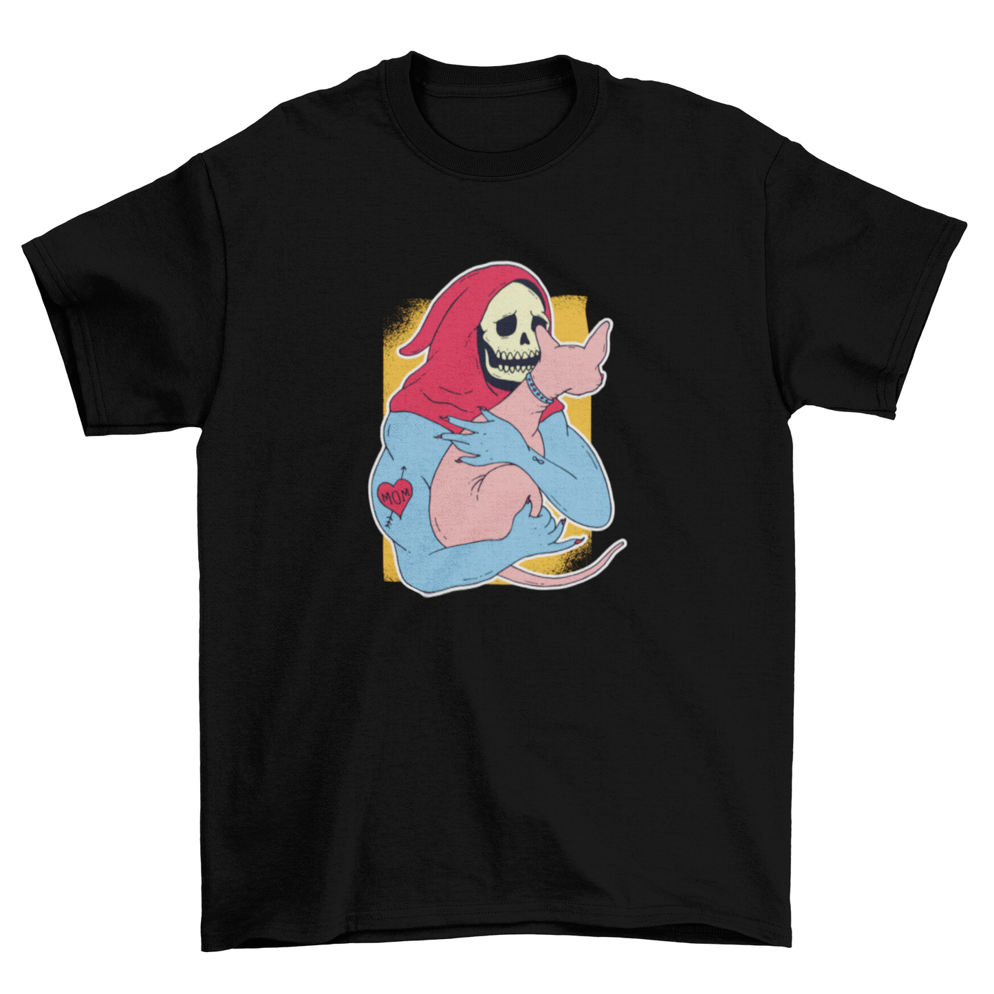 Skeleton holding cat t-shirt design