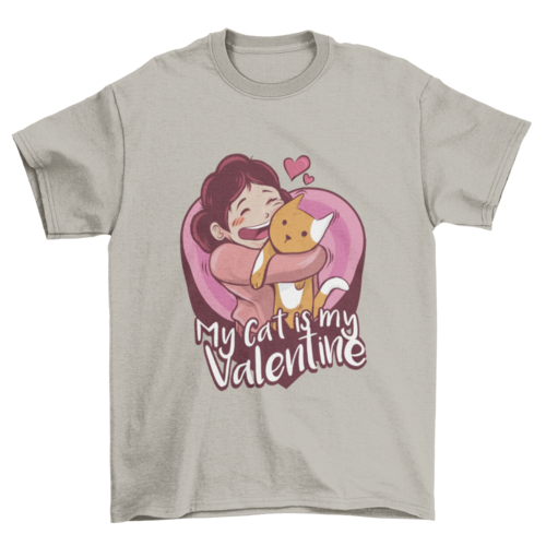 Cute Sweet Love Cartoon Girl Embracing Cat Heart Shape Quote "My cat