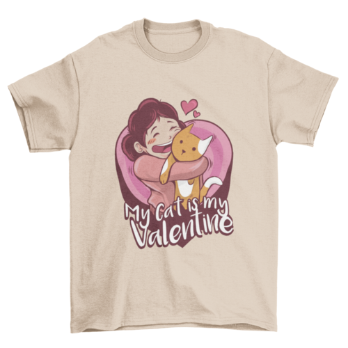 Cute Sweet Love Cartoon Girl Embracing Cat Heart Shape Quote "My cat