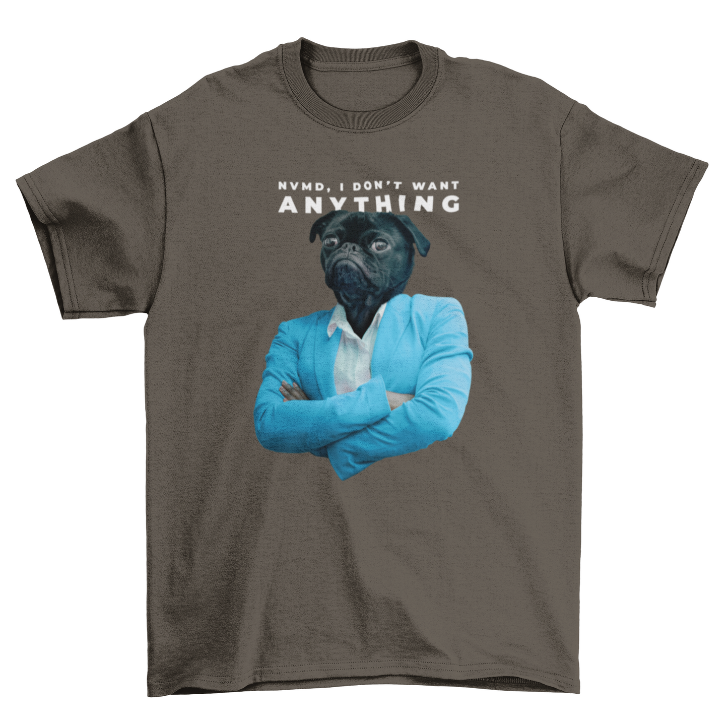 Pet Fashion Pug Dog Business Blue Suit collage Quote "Nvmd, I don't