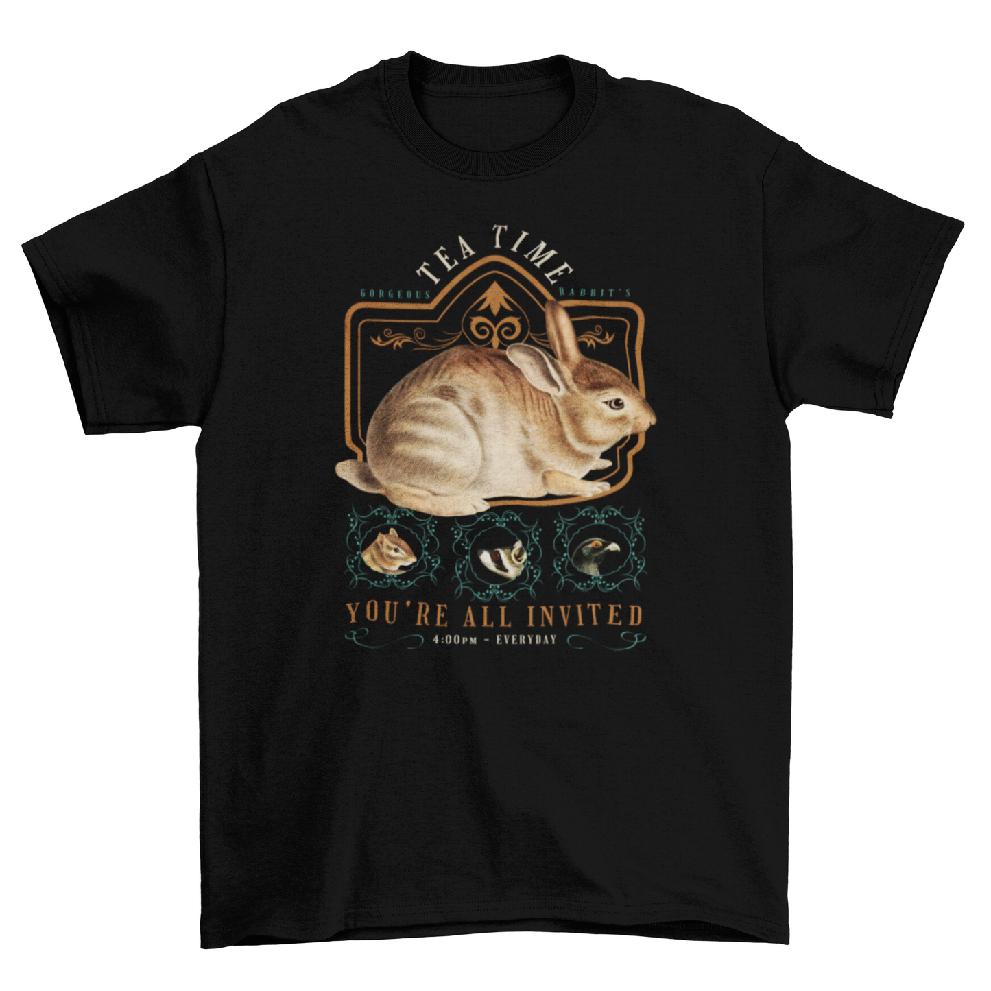 Lovely Pet Bunny Rabbit Skunk Bird cottage core quote "Teatime you're