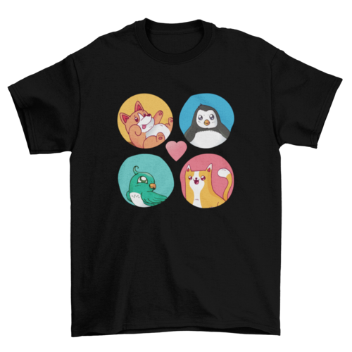Set of Cute Animals Rounded Shape Tee Pet Bird Cat Penguin Cartoon