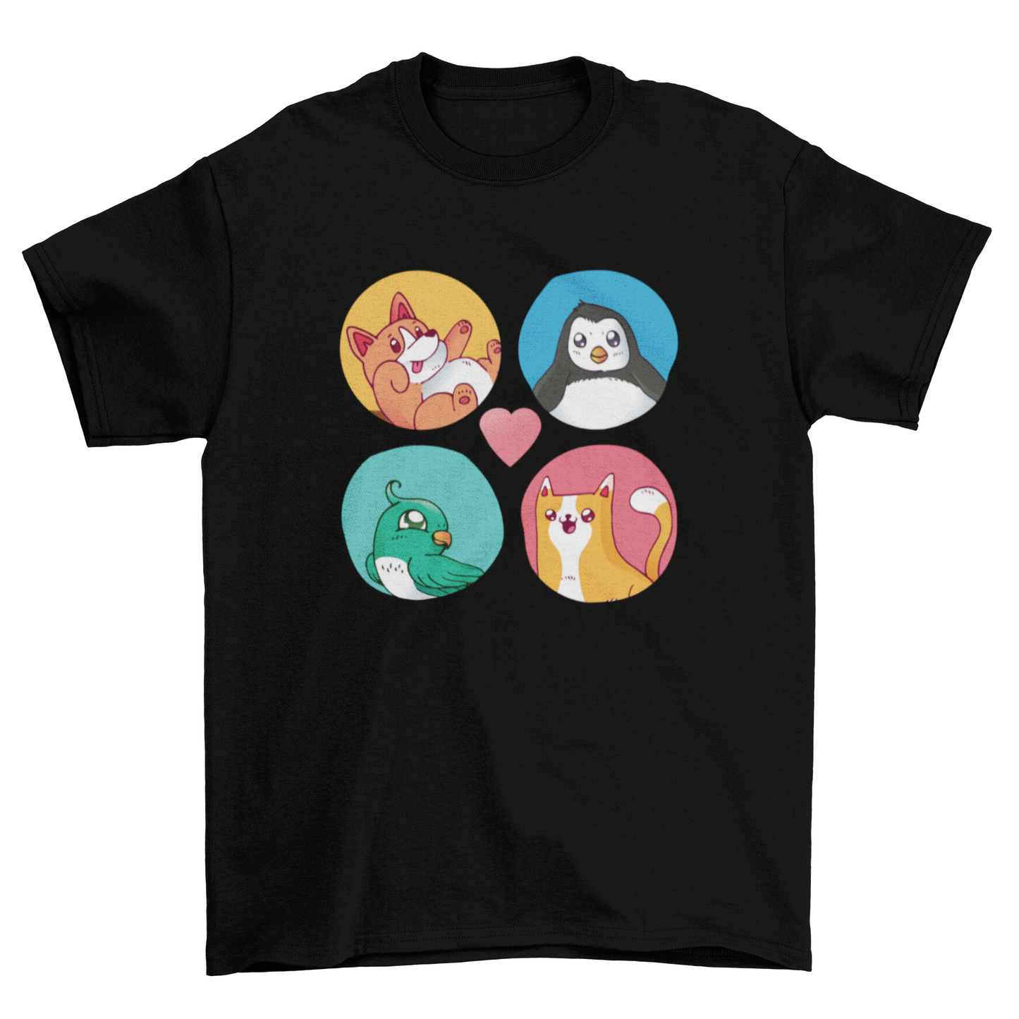 Set of Cute Animals Rounded Shape Tee Pet Bird Cat Penguin Cartoon