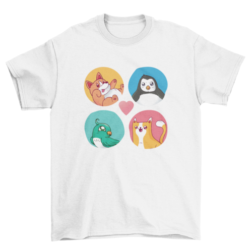Set of Cute Animals Rounded Shape Tee Pet Bird Cat Penguin Cartoon