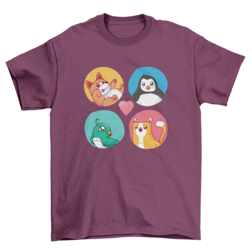 Set of Cute Animals Rounded Shape Tee Pet Bird Cat Penguin Cartoon