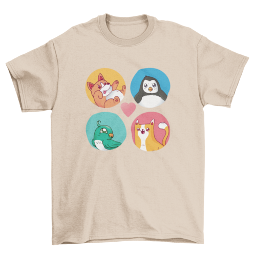 Set of Cute Animals Rounded Shape Tee Pet Bird Cat Penguin Cartoon