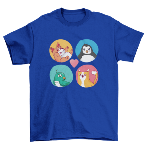 Set of Cute Animals Rounded Shape Tee Pet Bird Cat Penguin Cartoon