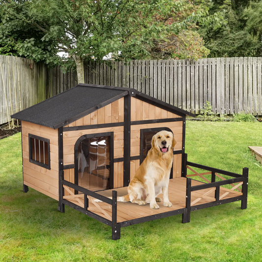 PawHut Wooden Elevated Backyard All Weather Rustic Log Cabin Pet Dog