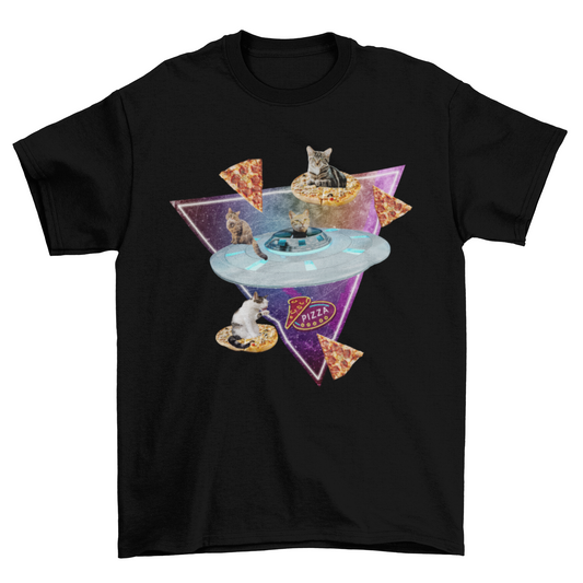 Cat pizza car spaceship and random photographic collage t-shirt