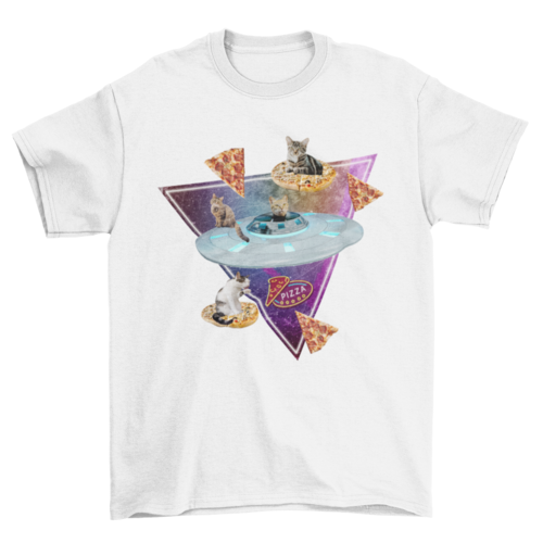 Cat pizza car spaceship and random photographic collage t-shirt