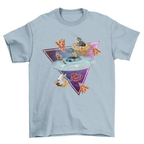 Cat pizza car spaceship and random photographic collage t-shirt