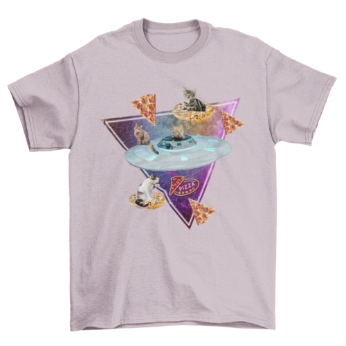 Cat pizza car spaceship and random photographic collage t-shirt