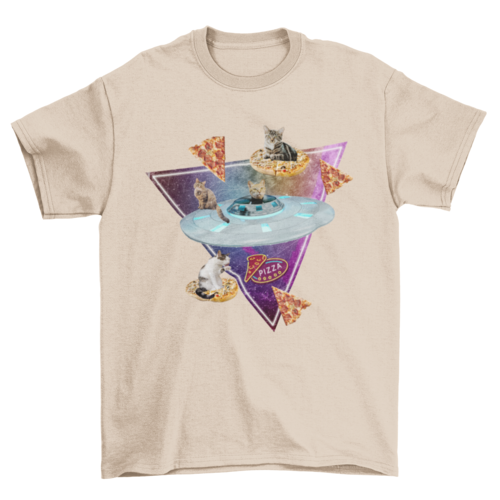 Cat pizza car spaceship and random photographic collage t-shirt