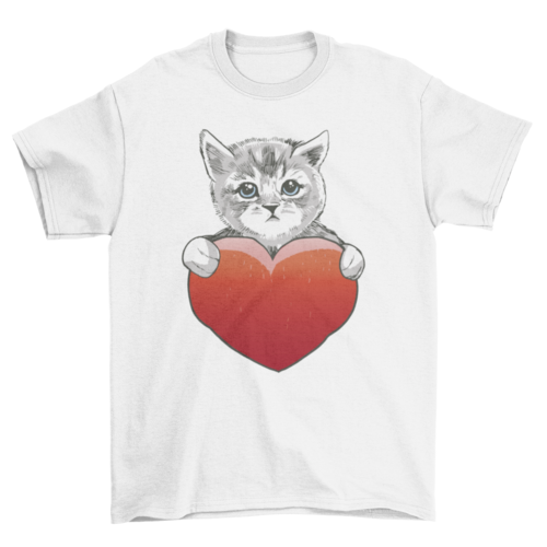 Illustration of cute pet kitty cat and heart t-shirt