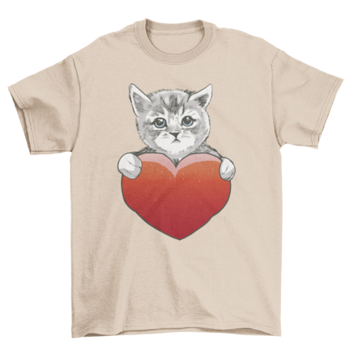 Illustration of cute pet kitty cat and heart t-shirt